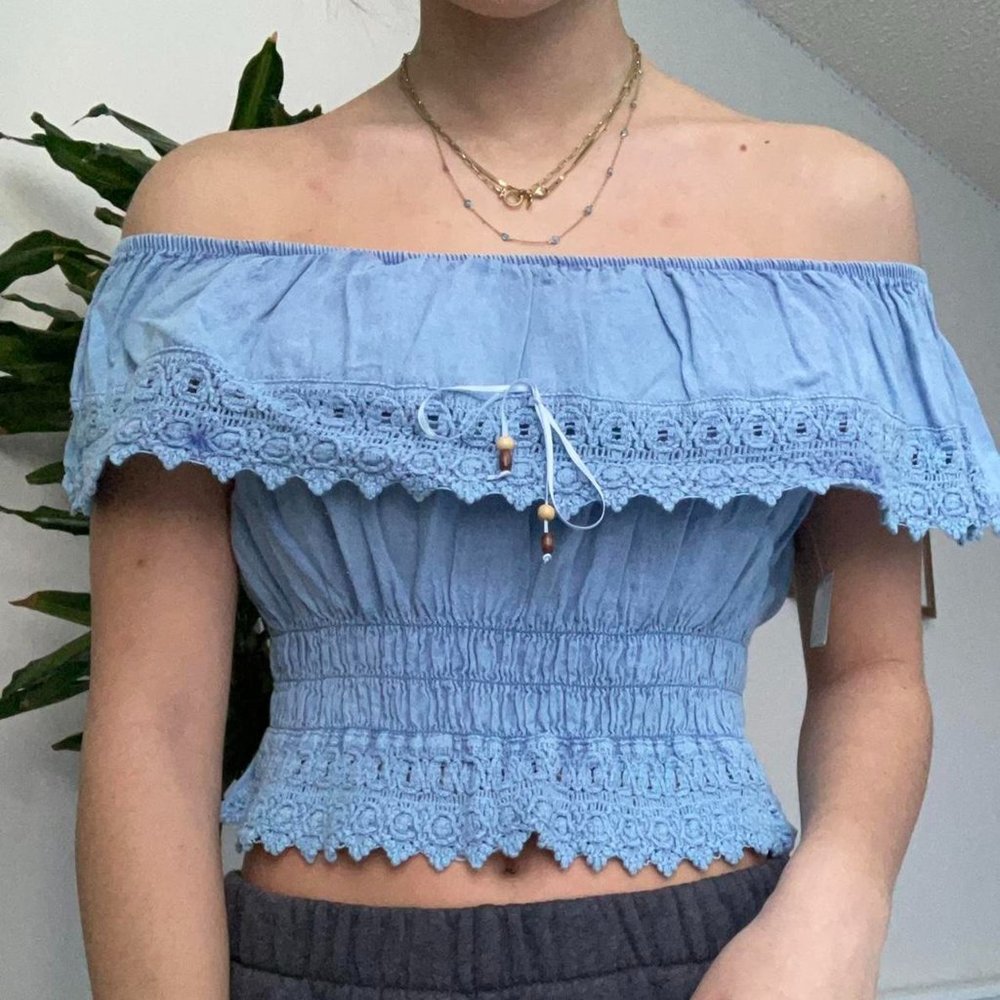 light blue off the shoulder crop top